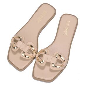 Jocha Stylish Summer Slide Sandals with Gold Accent Chain - Nude